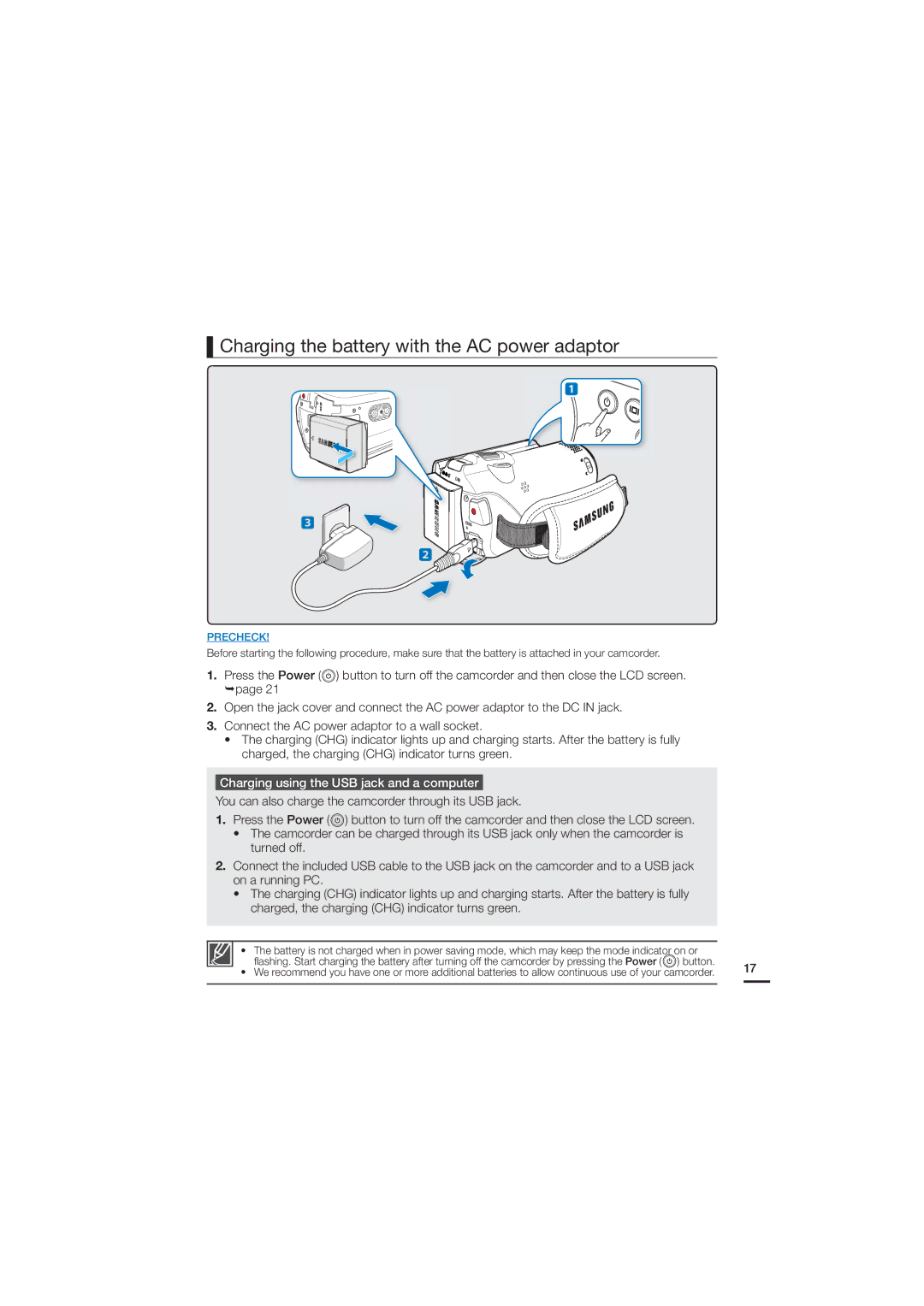 Samsung 07660-2112, HMX-H200N Charging the battery with the AC power adaptor, Charging using the USB jack and a computer 