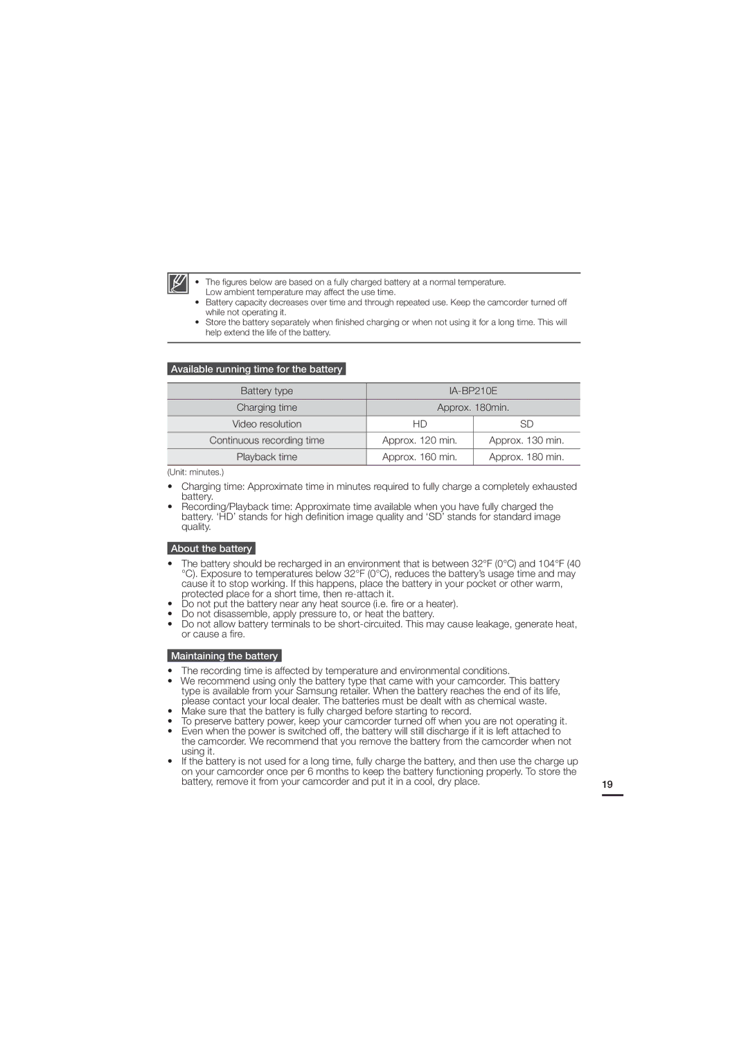 Samsung HMX-H200SN, HMX-H200N user manual Available running time for the battery, About the battery, Maintaining the battery 