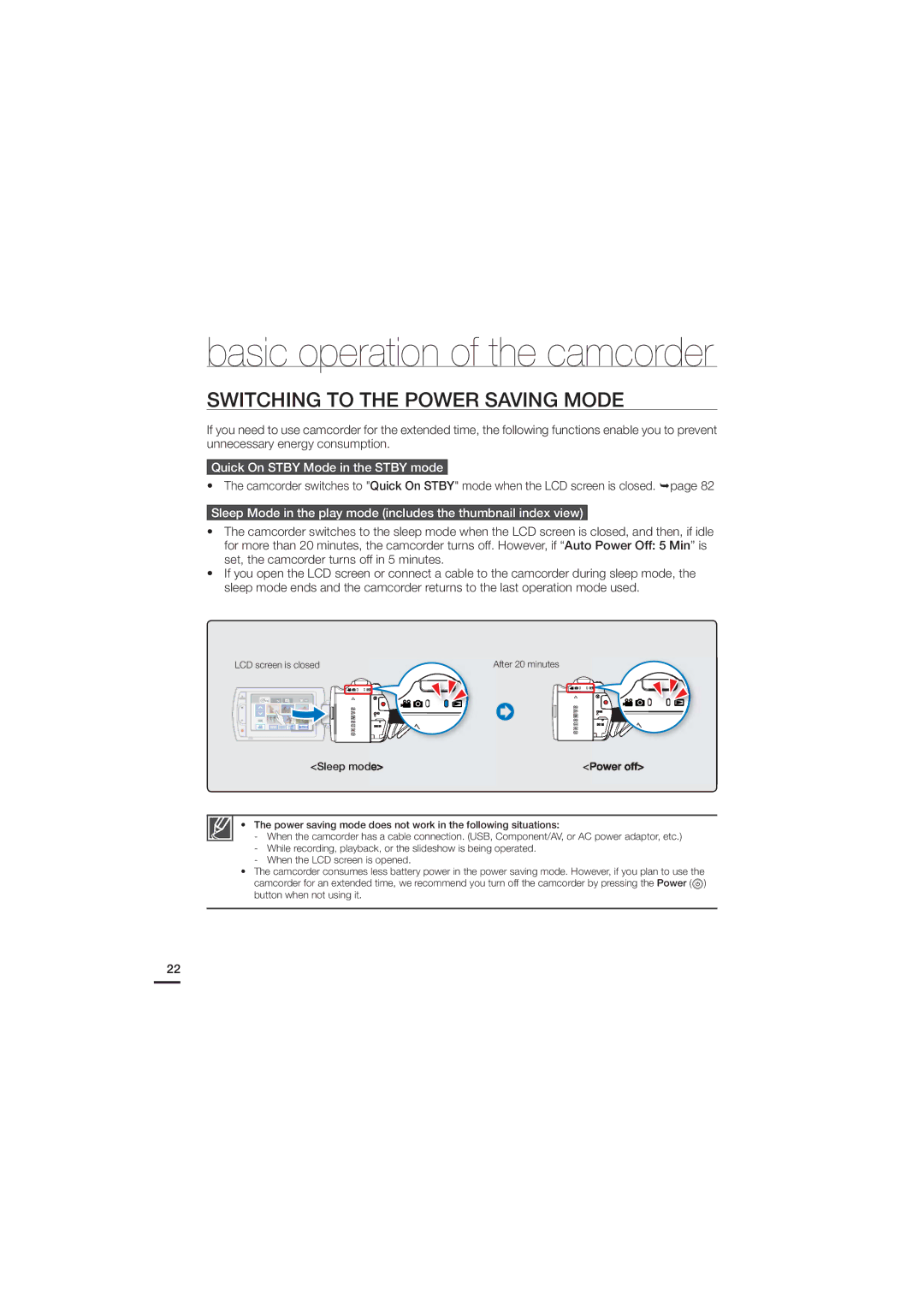 Samsung HMX-H200SN, HMX-H200N, 07660-2112 user manual Switching to the Power Saving Mode, Quick On Stby Mode in the Stby mode 