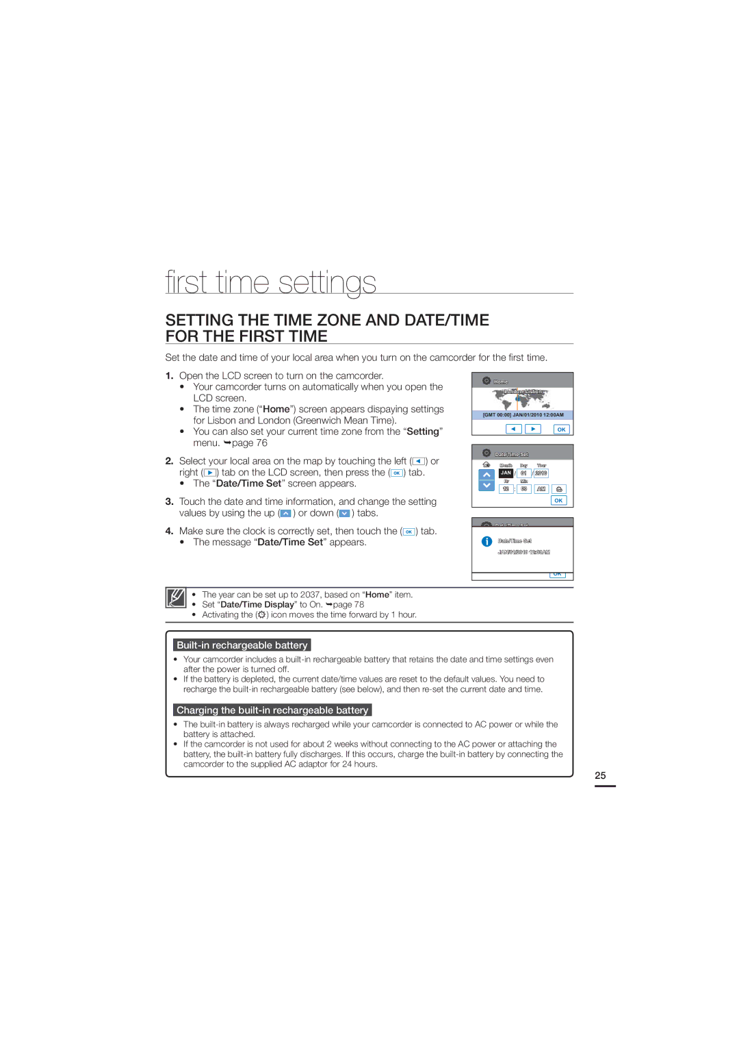 Samsung HMX-H200SN, HMX-H200N, 07660-2112 Rst time settings, Setting the Time Zone and DATE/TIME for the First Time 