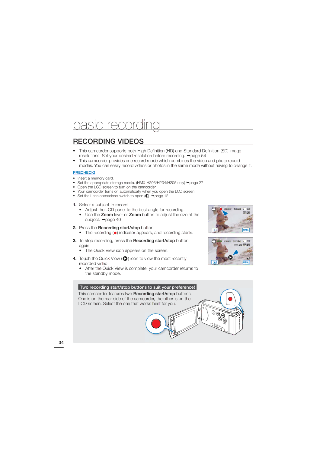 Samsung HMX-H200SN, HMX-H200N, 07660-2112 user manual Basic recording, Recording Videos, Select a subject to record 