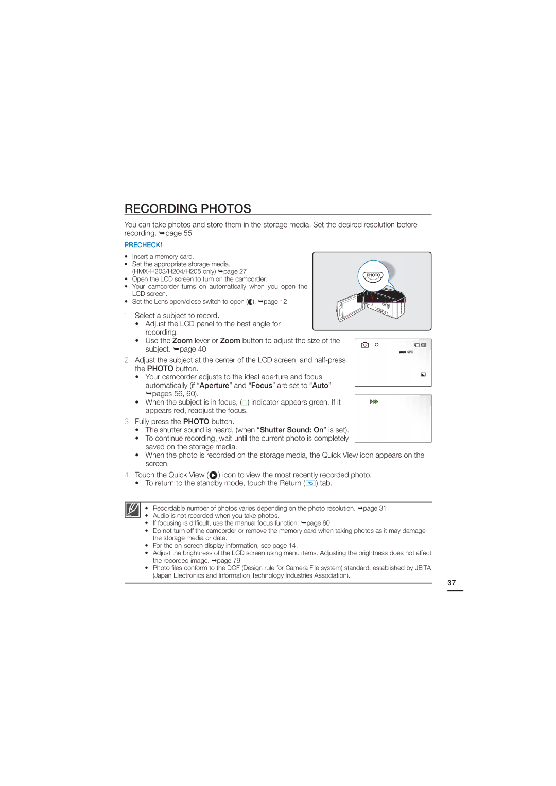 Samsung HMX-H200SN, HMX-H200N, 07660-2112 user manual Pages 56, Fully press the Photo button, Saved on the storage media 