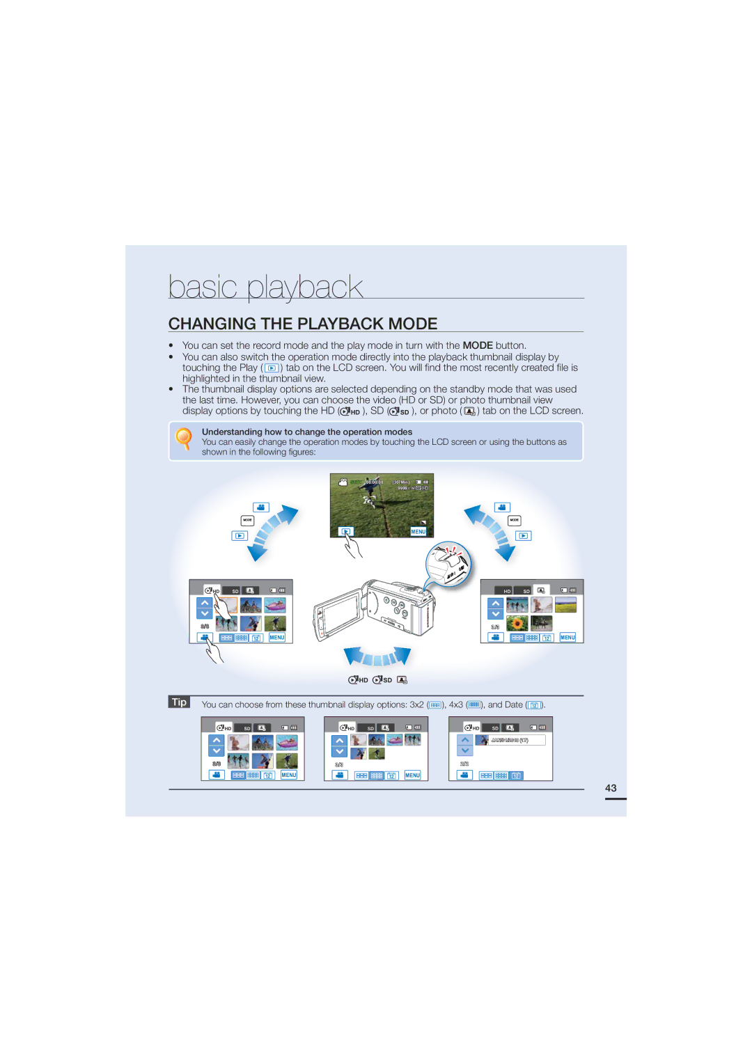 Samsung HMX-H200SN, HMX-H200N, 07660-2112 user manual Basic playback, Changing the Playback Mode 