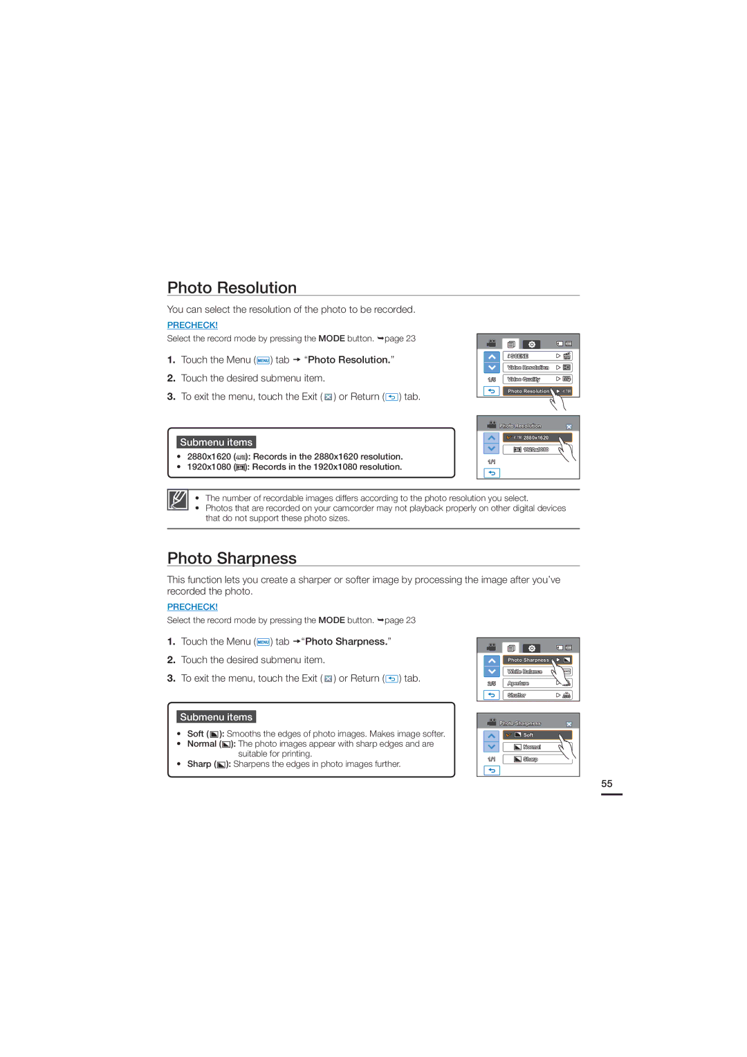 Samsung HMX-H200SN, HMX-H200N Photo Resolution, Photo Sharpness, You can select the resolution of the photo to be recorded 