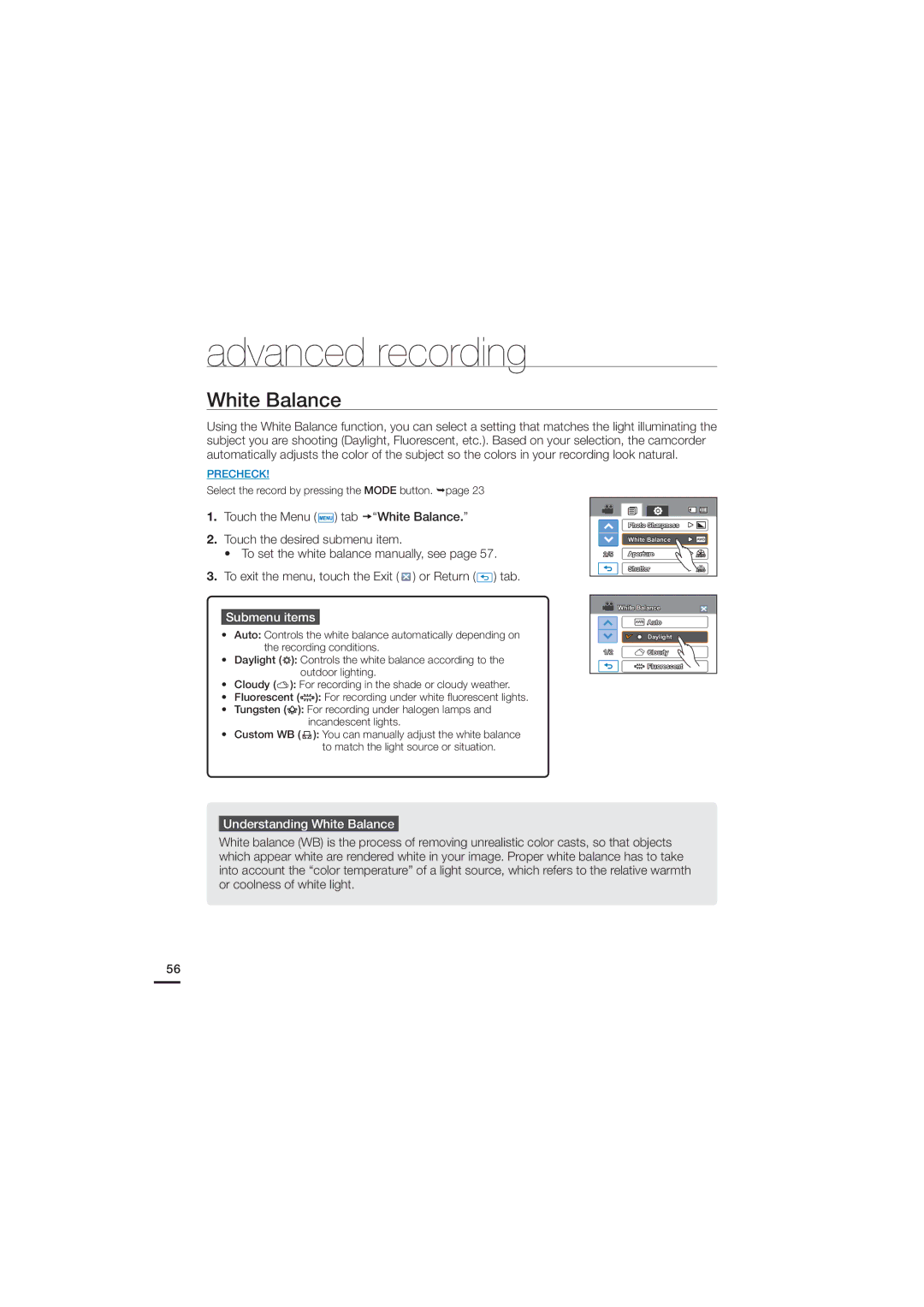 Samsung 07660-2112, HMX-H200N, HMX-H200SN Understanding White Balance,  5PTFUUIFXIJUFCBMBODFNBOVBMMZTFFQBHF 