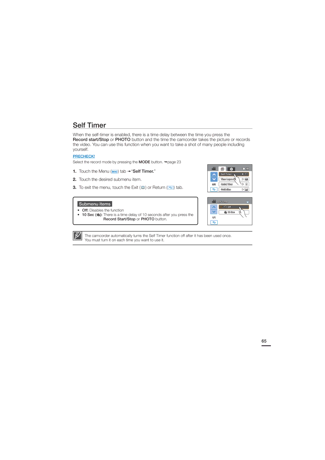 Samsung 07660-2112, HMX-H200N, HMX-H200SN user manual Self Timer 