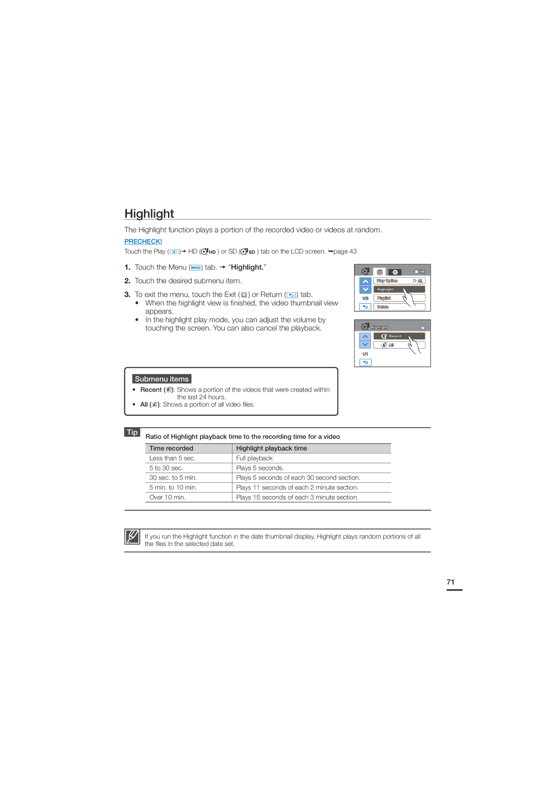 Samsung 07660-2112, HMX-H200N, HMX-H200SN user manual Highlight, Tip 