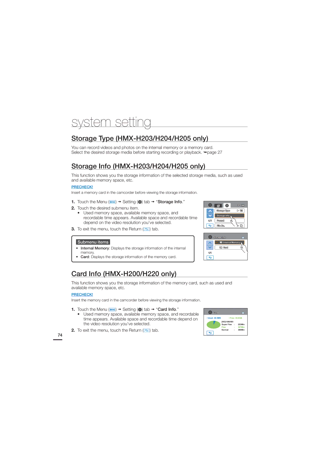 Samsung 07660-2112, HMX-H200N System setting, Storage Type HMX-H203/H204/H205 only, Storage Info HMX-H203/H204/H205 only 