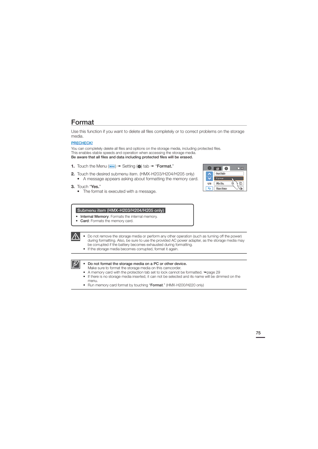 Samsung HMX-H200N user manual Format, Touch the Menu Setting tab PSNBU, Touch FT  5IFGPSNBUJTFYFDVUFEXJUIBNFTTBHF 