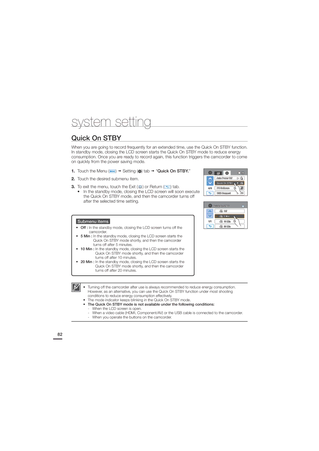 Samsung HMX-H200SN, HMX-H200N, 07660-2112 user manual Quick On Stby 