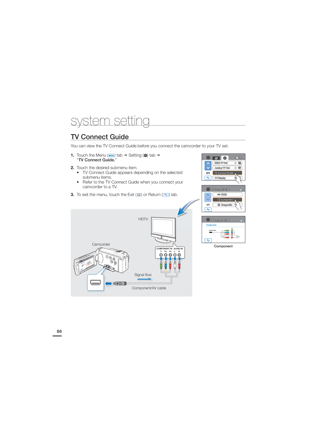 Samsung 07660-2112, HMX-H200N, HMX-H200SN user manual TV Connect Guide, Camcorder, Signal ﬂow Component/AV cable 