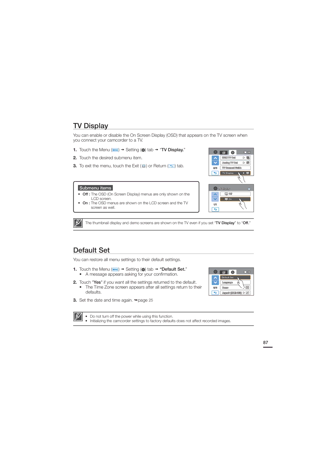 Samsung HMX-H200N, HMX-H200SN TV Display, Default Set, You can restore all menu settings to their default settings 