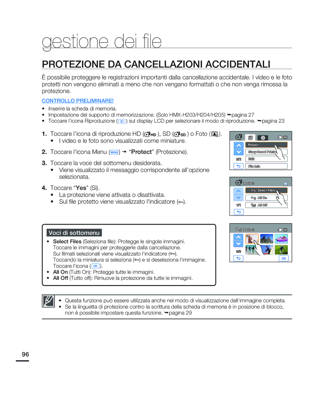 Samsung HMX-H203BP/EDC, HMX-H204BP/EDC, HMX-H200BP/EDC manual Gestione dei ﬁle, Protezione DA Cancellazioni Accidentali 