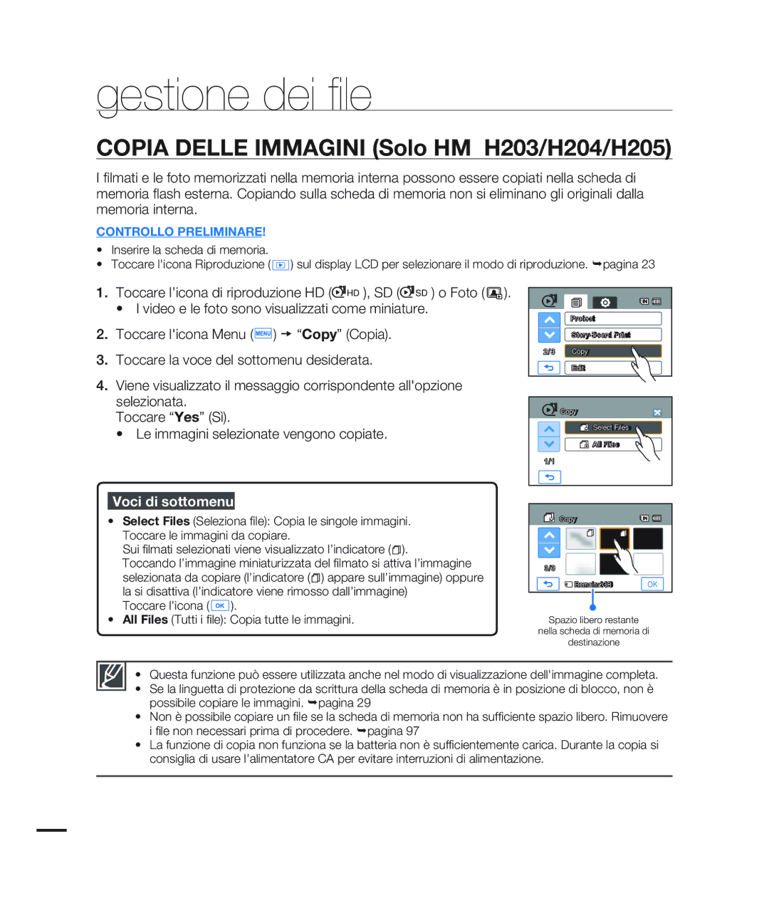 Samsung HMX-H200LP/EDC, HMX-H204BP/EDC, HMX-H200BP/EDC, HMX-H203BP/EDC manual Copia Delle Immagini Solo HMX-H203/H204/H205 