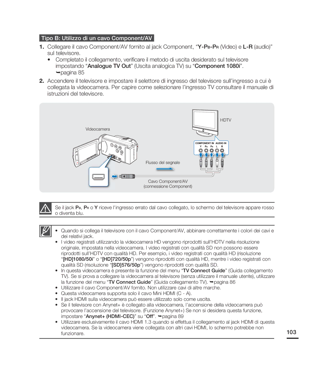 Samsung HMX-H200RP/EDC, HMX-H204BP/EDC, HMX-H200BP/EDC manual Tipo B Utilizzo di un cavo Component/AV, 103, Funzionare 