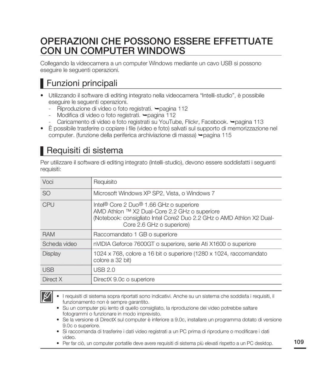 Samsung HMX-H200RP/EDC, HMX-H204BP/EDC, HMX-H200BP/EDC, HMX-H203BP/EDC manual Funzioni principali, Requisiti di sistema 