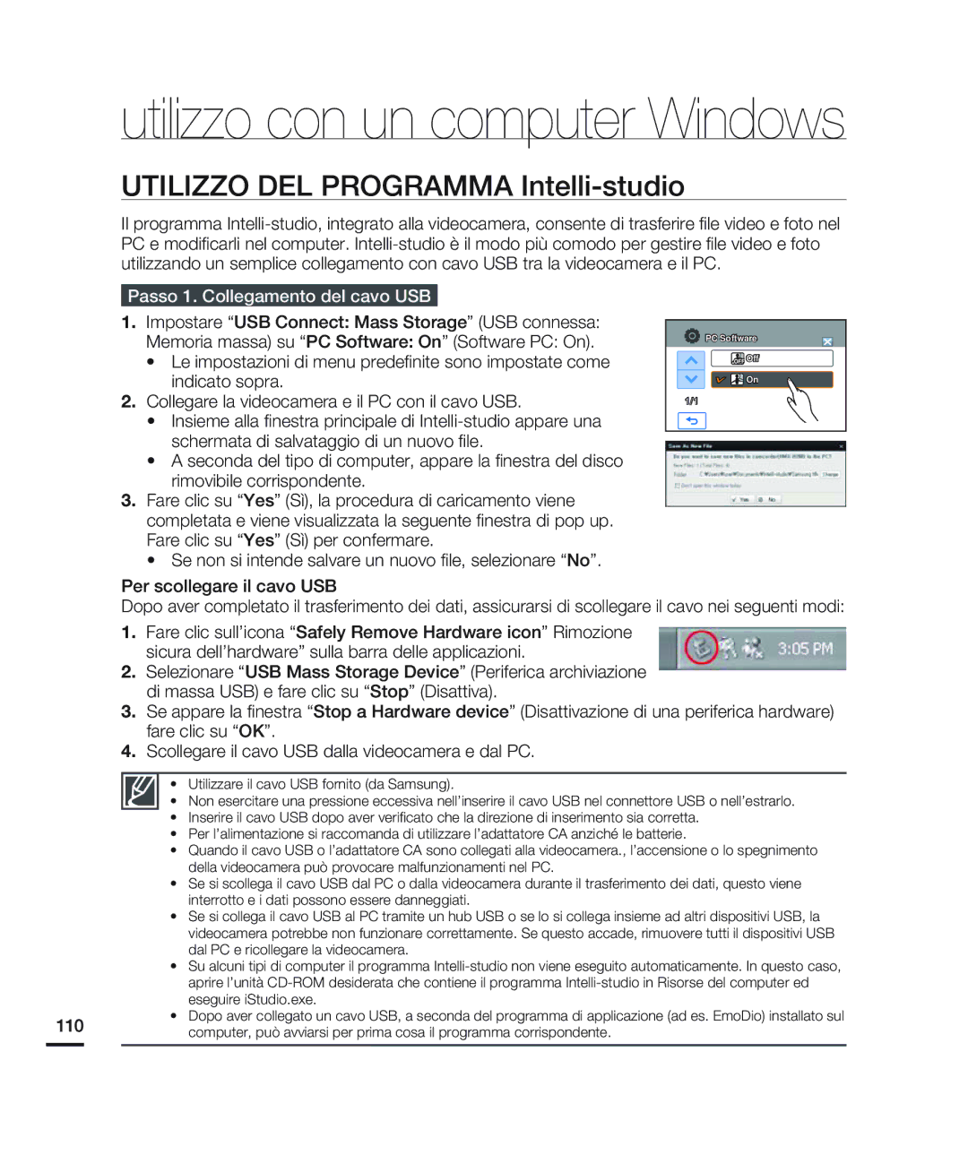 Samsung HMX-H200LP/EDC, HMX-H204BP/EDC manual Utilizzo DEL Programma Intelli-studio, Passo 1. Collegamento del cavo USB 