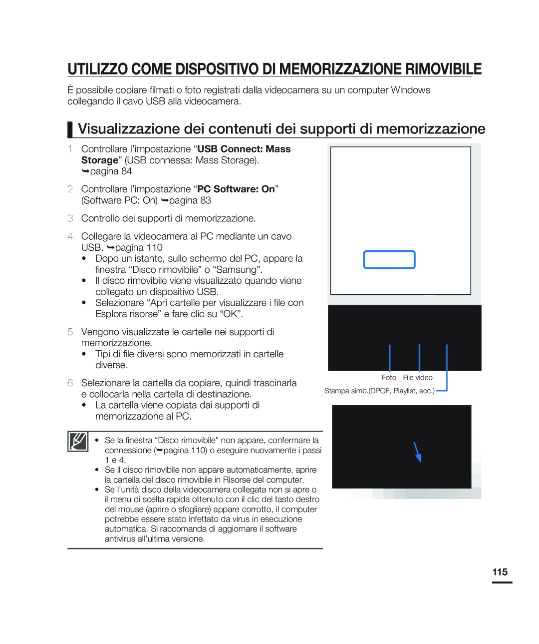 Samsung HMX-H200RP/EDC, HMX-H204BP/EDC, HMX-H200BP/EDC Visualizzazione dei contenuti dei supporti di memorizzazione, 115 