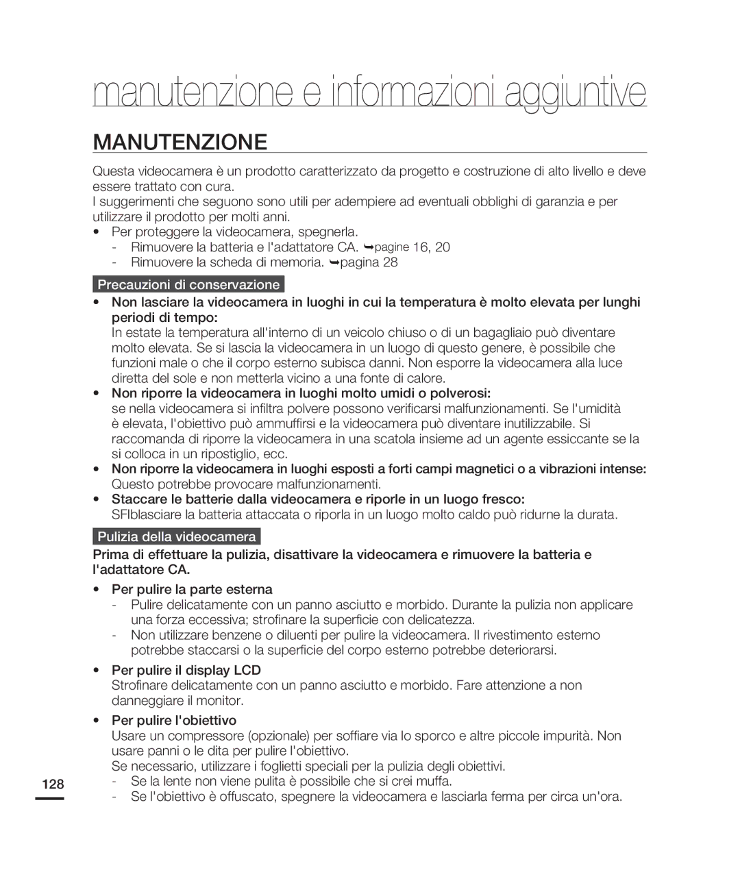 Samsung HMX-H200LP/EDC, HMX-H204BP/EDC manual Manutenzione, Precauzioni di conservazione, Pulizia della videocamera 