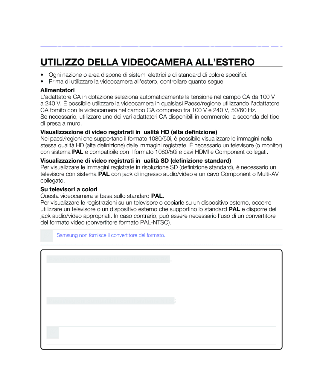 Samsung HMX-H204BP/EDC manual Utilizzo Della Videocamera ALL’ESTERO, Paesi/regioni compatibili con il sistema PAL, 130 