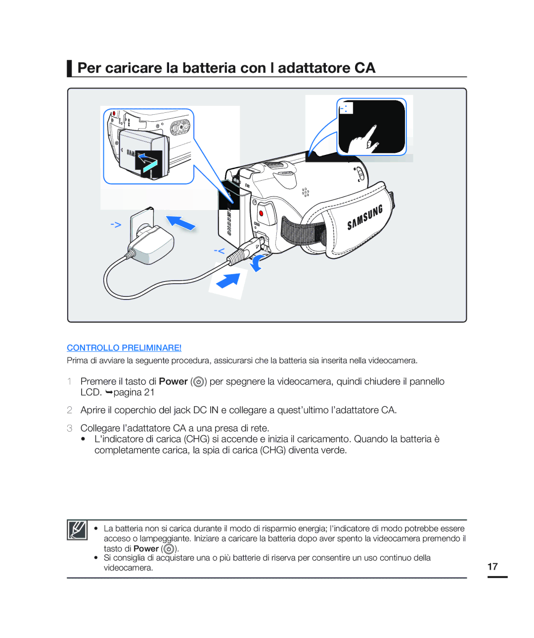 Samsung HMX-H200BP/EDC, HMX-H204BP/EDC, HMX-H203BP/EDC, HMX-H200RP/EDC manual Per caricare la batteria con ladattatore CA 