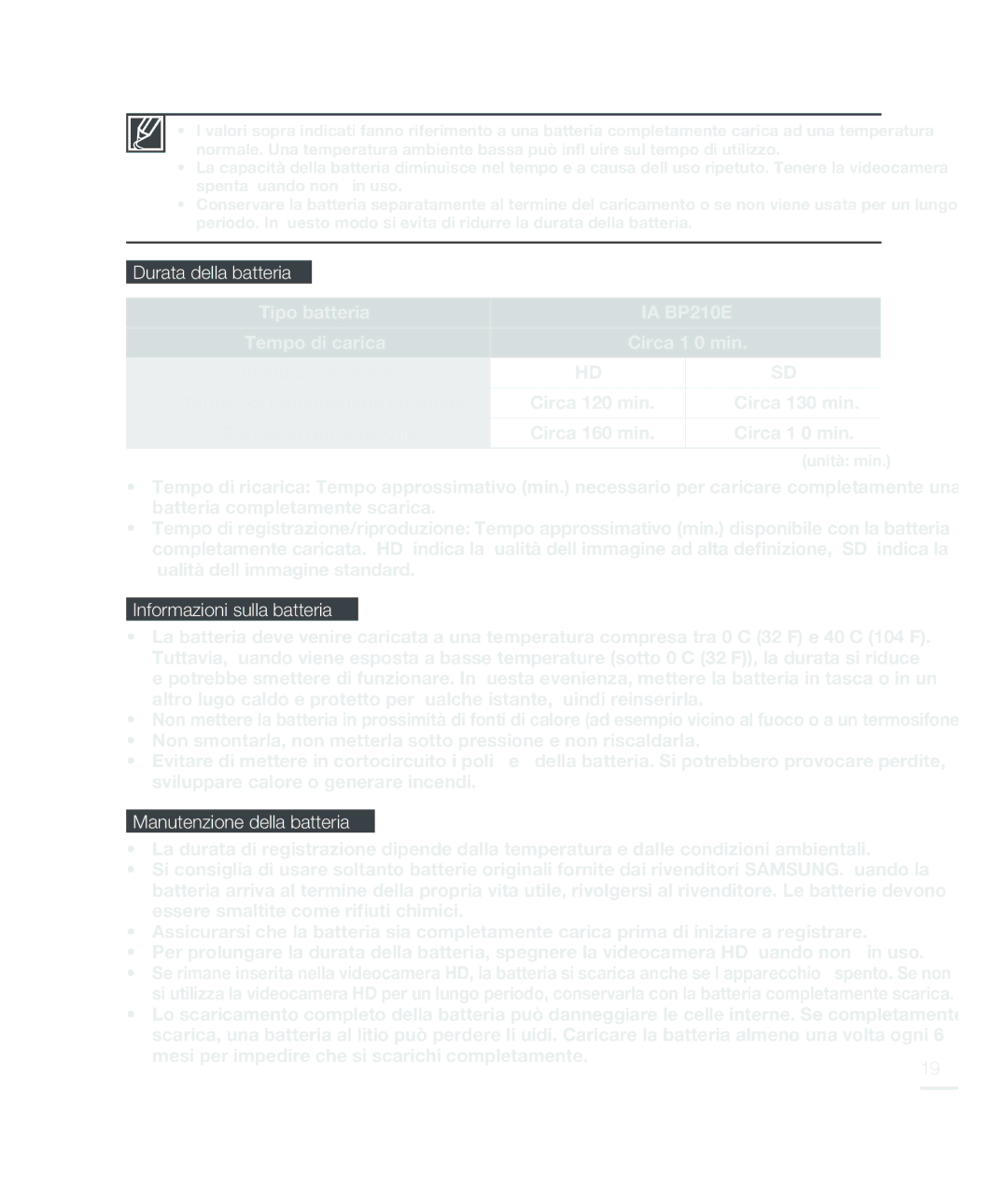 Samsung HMX-H200RP/EDC, HMX-H204BP/EDC manual Durata della batteria, Tipo batteria IA-BP210E, Informazioni sulla batteria 