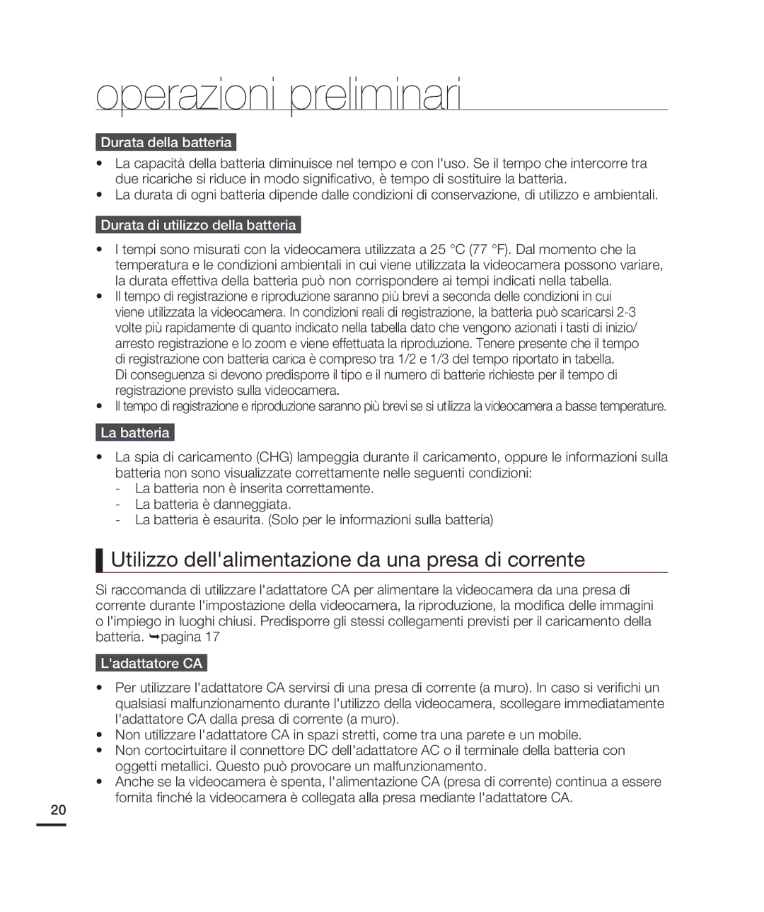 Samsung HMX-H200LP/EDC Utilizzo dellalimentazione da una presa di corrente, Durata di utilizzo della batteria, La batteria 