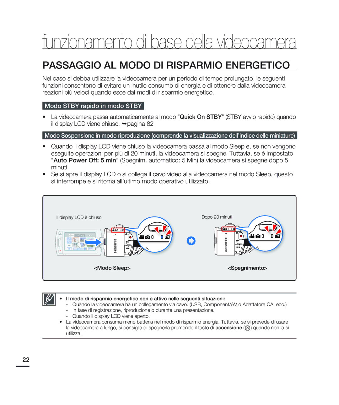 Samsung HMX-H204BP/EDC, HMX-H200BP/EDC manual Passaggio AL Modo DI Risparmio Energetico, Modo Stby rapido in modo Stby 