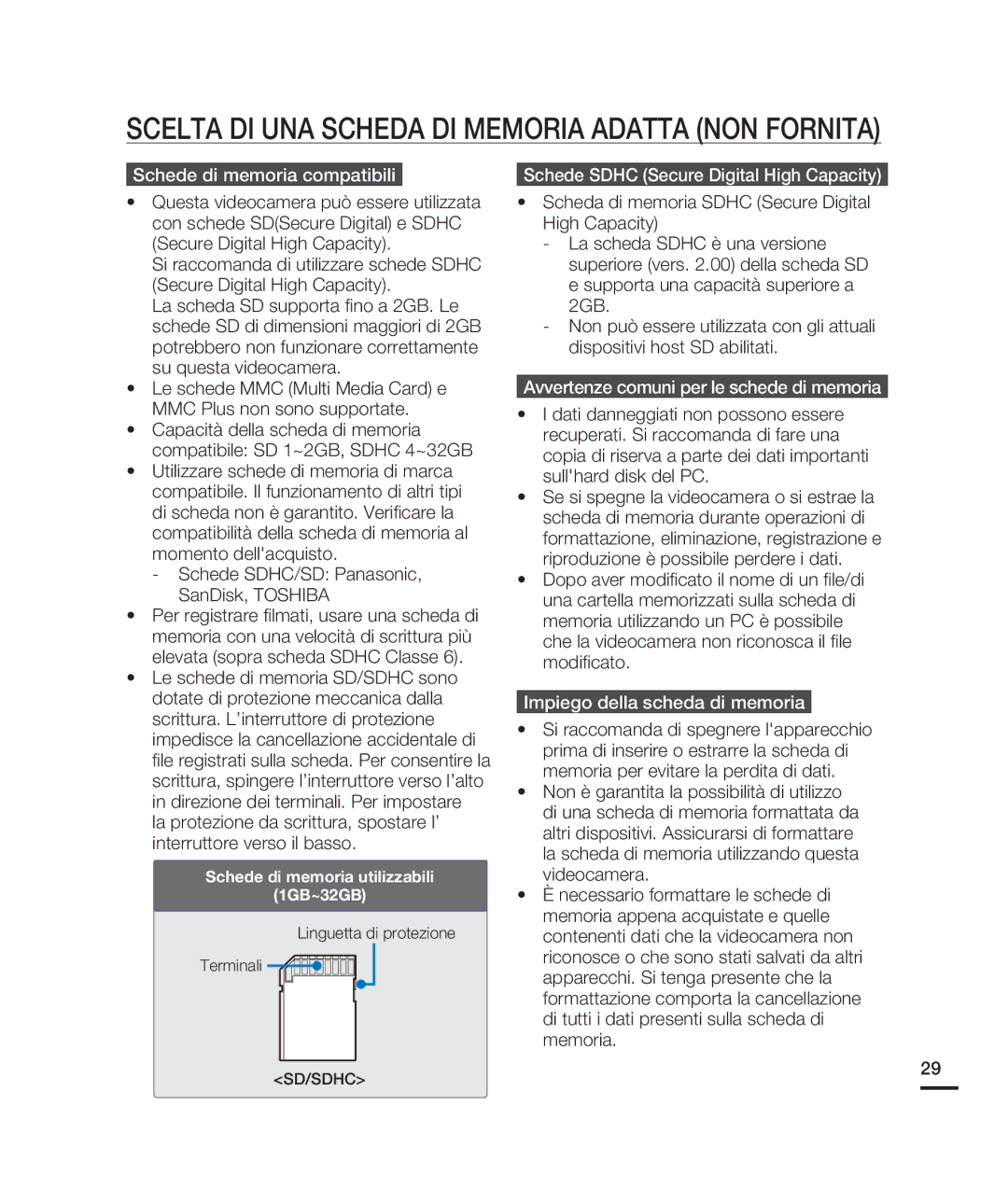 Samsung HMX-H200BP/EDC, HMX-H204BP/EDC manual Schede di memoria compatibili, Schede Sdhc Secure Digital High Capacity 