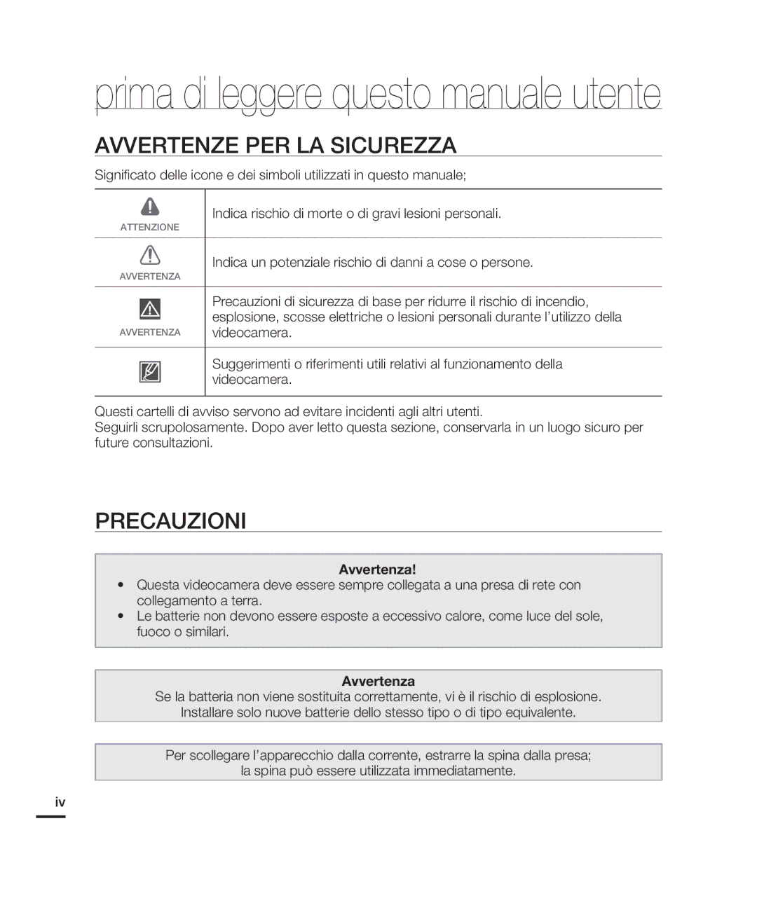 Samsung HMX-H200LP/EDC Avvertenze PER LA Sicurezza, Precauzioni, Indica un potenziale rischio di danni a cose o persone 