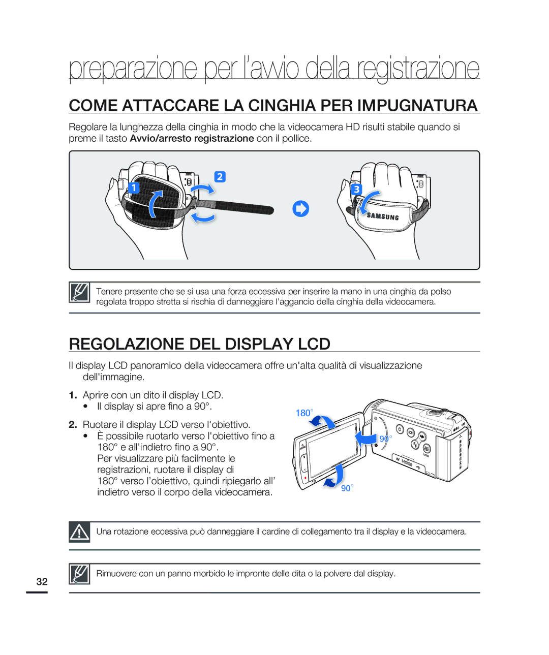 Samsung HMX-H200LP/EDC, HMX-H204BP/EDC manual Come Attaccare LA Cinghia PER Impugnatura, Regolazione DEL Display LCD 