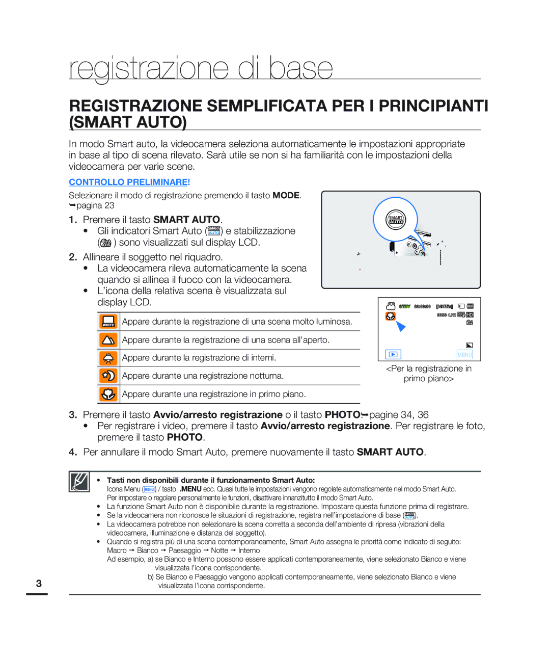 Samsung HMX-H200LP/EDC manual Registrazione Semplificata PER I Principianti Smart Auto, Premere il tasto Smart Auto 