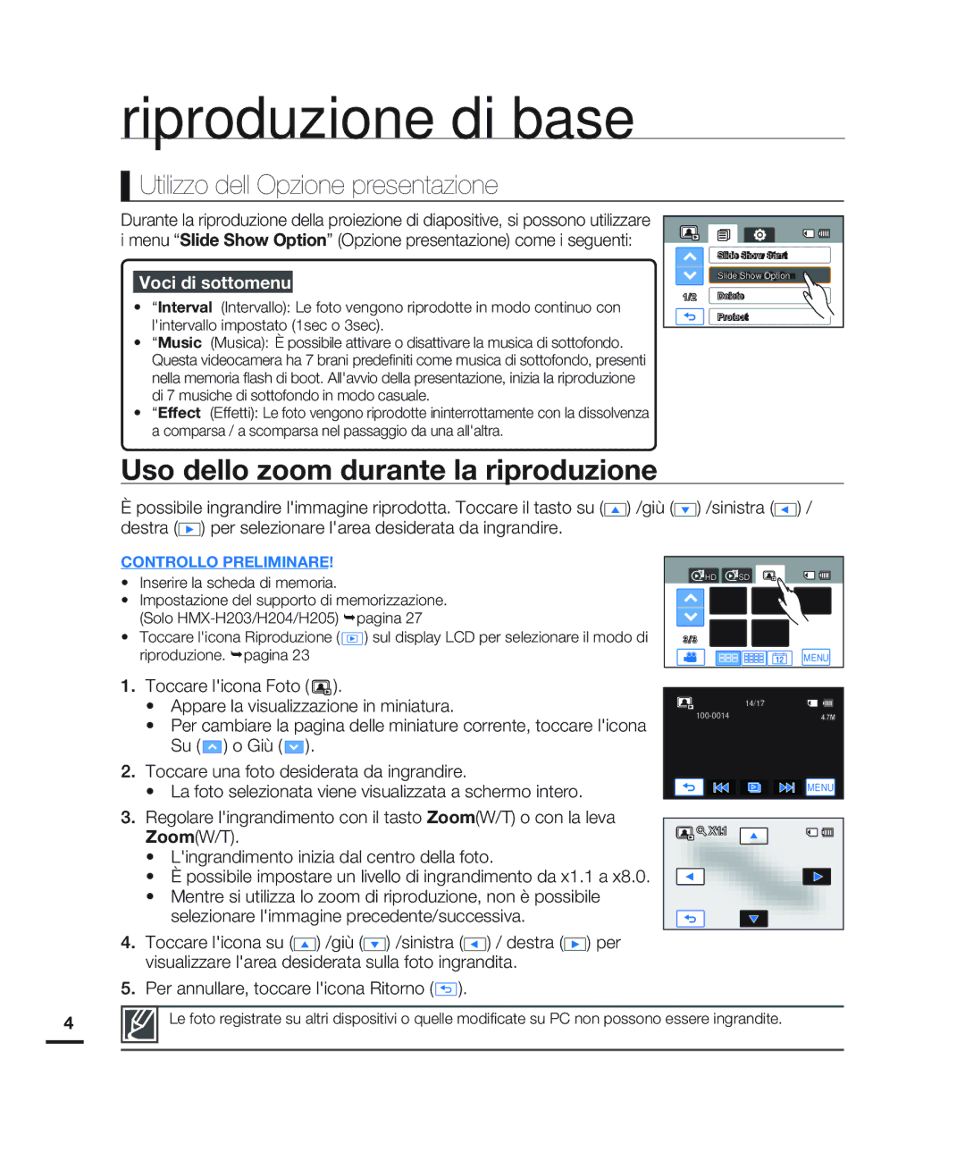 Samsung HMX-H203BP/EDC, HMX-H204BP/EDC manual Uso dello zoom durante la riproduzione, Utilizzo dellOpzione presentazione 