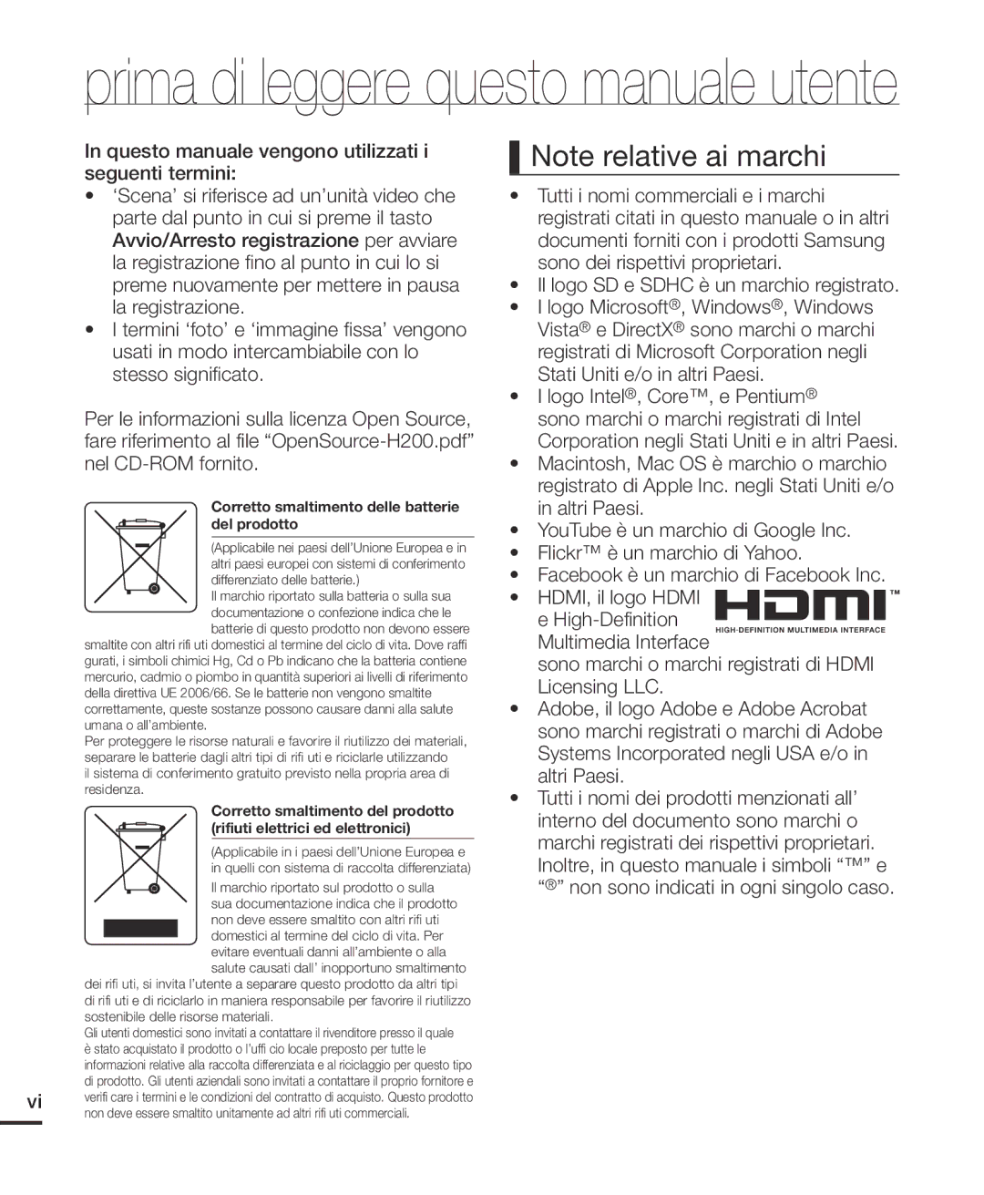 Samsung HMX-H204BP/EDC, HMX-H200BP/EDC, HMX-H203BP/EDC, HMX-H200RP/EDC, HMX-H200LP/EDC Prima di leggere questo manuale utente 