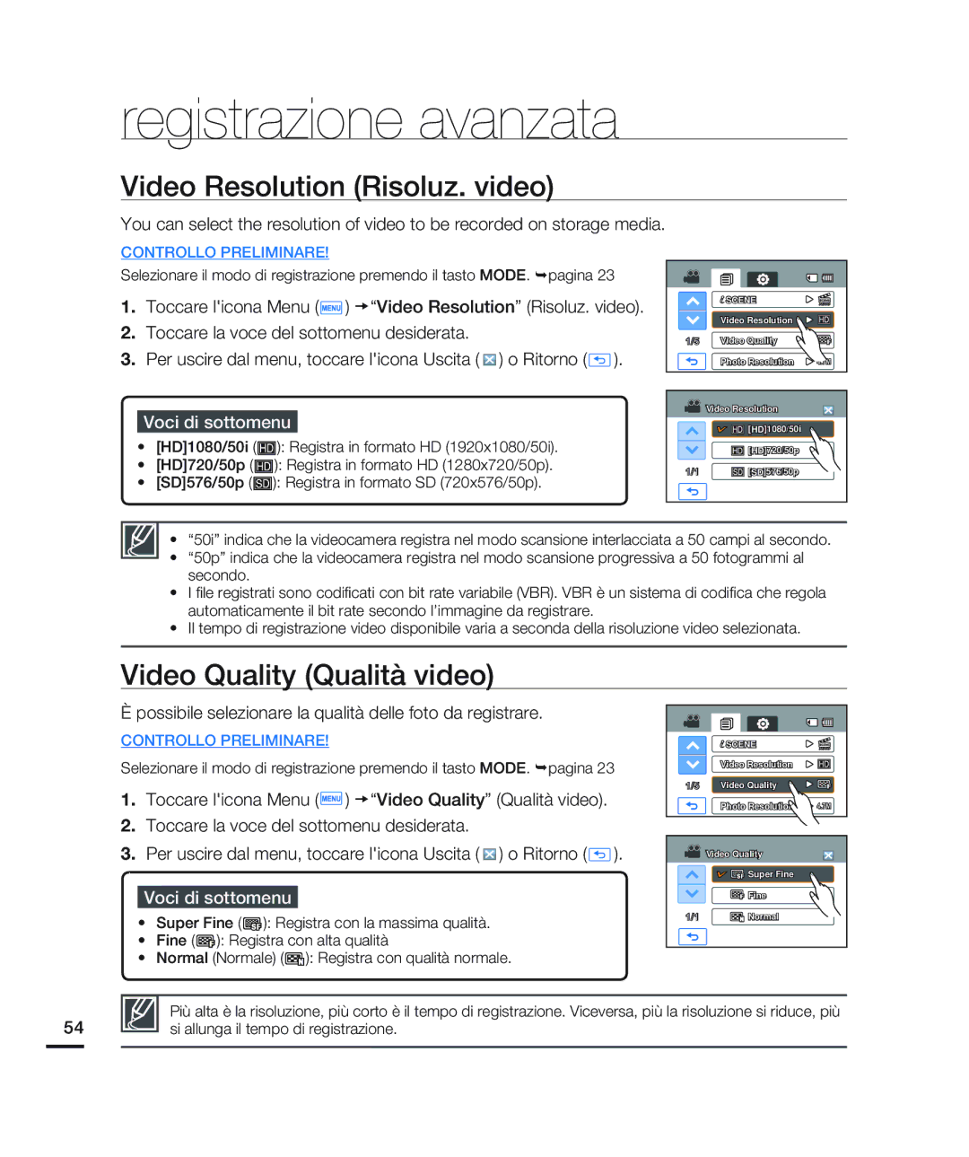 Samsung HMX-H203BP/EDC, HMX-H204BP/EDC manual Video Resolution Risoluz. video, Super Fine Registra con la massima qualità 