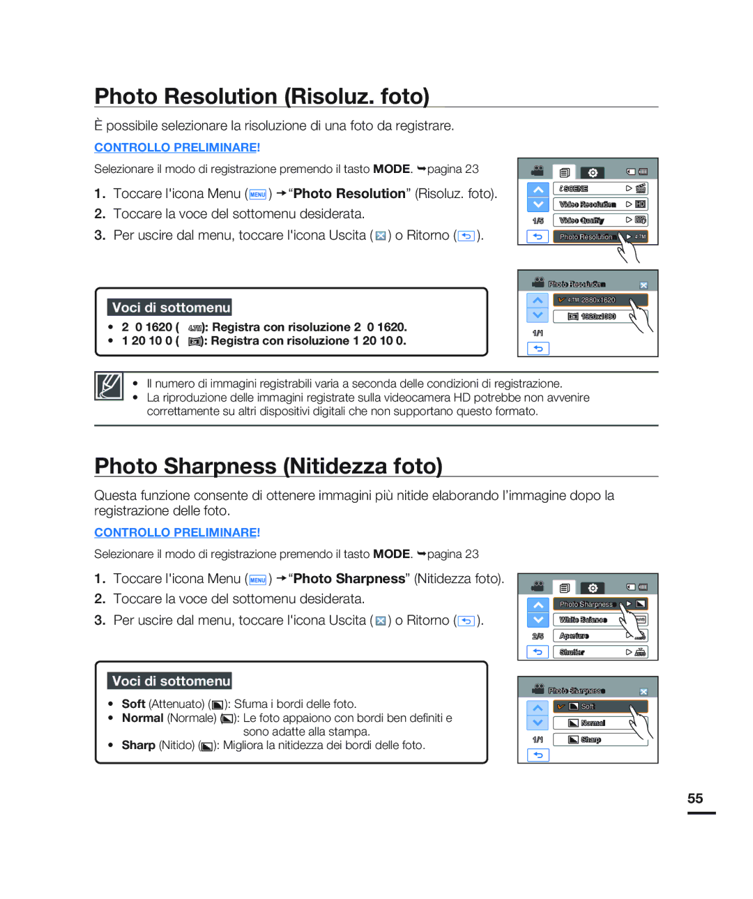 Samsung HMX-H200RP/EDC, HMX-H204BP/EDC, HMX-H200BP/EDC manual Photo Resolution Risoluz. foto, Photo Sharpness Nitidezza foto 