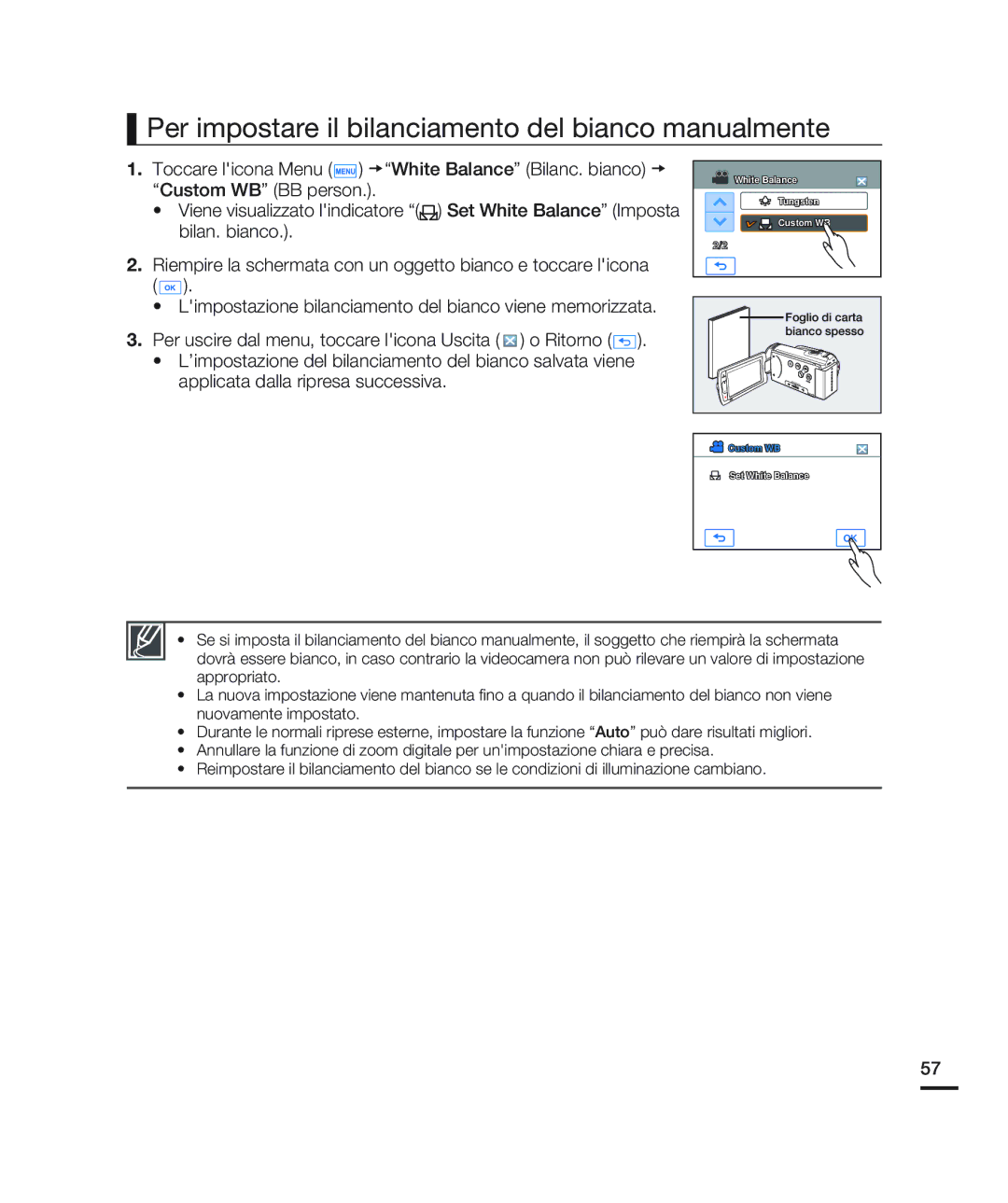 Samsung HMX-H200SP/EDC, HMX-H204BP/EDC, HMX-H200BP/EDC, HMX-H203BP/EDC Per impostare il bilanciamento del bianco manualmente 