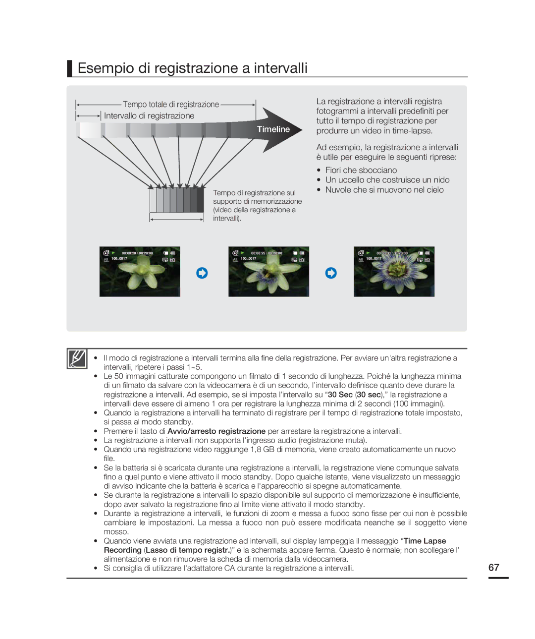 Samsung HMX-H200RP/EDC Esempio di registrazione a intervalli, Tempo totale di registrazione Intervallo di registrazione 