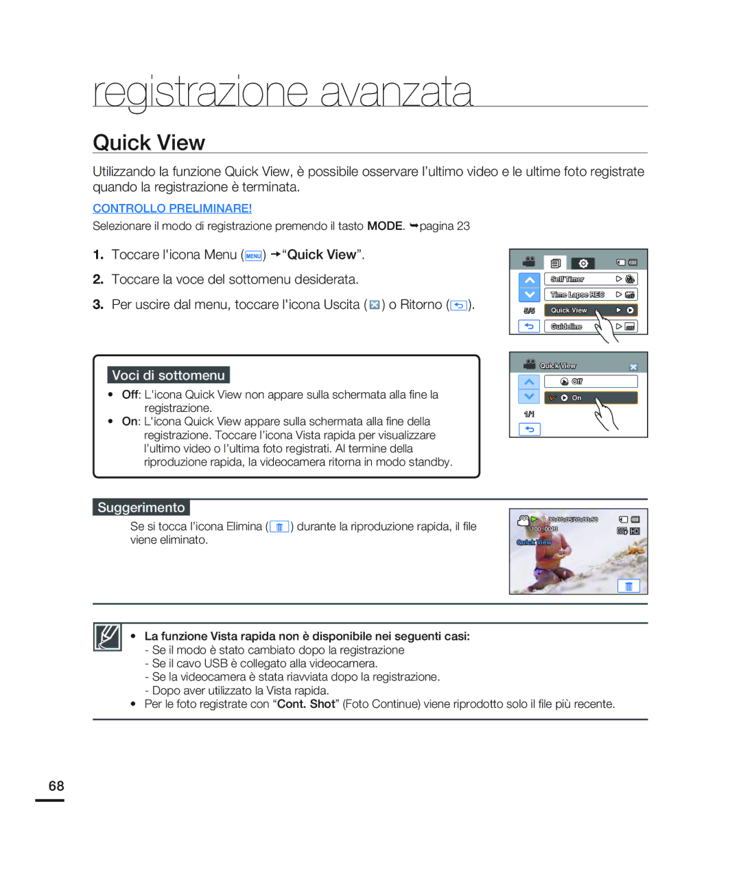 Samsung HMX-H200LP/EDC, HMX-H204BP/EDC, HMX-H200BP/EDC, HMX-H203BP/EDC, HMX-H200RP/EDC manual Quick View, Suggerimento 