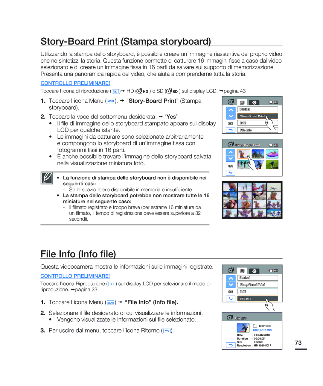 Samsung HMX-H200RP/EDC, HMX-H204BP/EDC, HMX-H200BP/EDC manual Story-Board Print Stampa storyboard, File Info Info ﬁle 