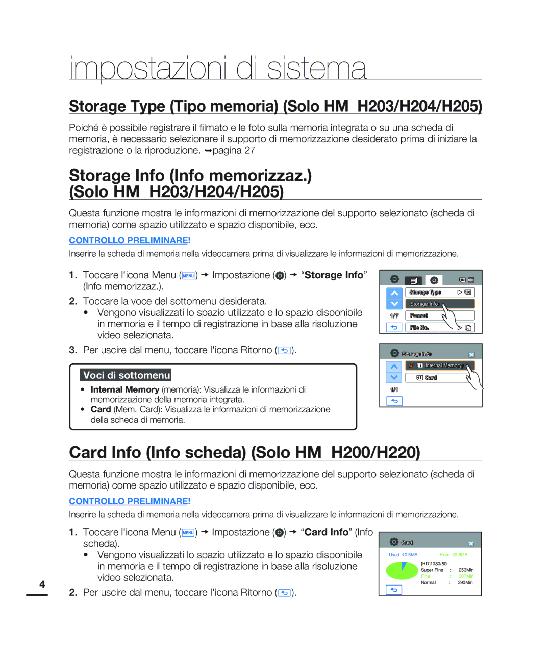 Samsung HMX-H200LP/EDC, HMX-H204BP/EDC manual Impostazioni di sistema, Storage Type Tipo memoria Solo HMX-H203/H204/H205 