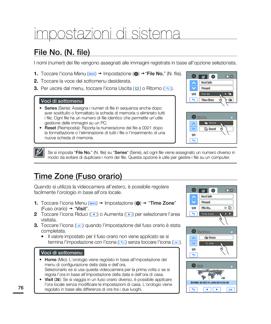 Samsung HMX-H204BP/EDC, HMX-H200BP/EDC manual Time Zone Fuso orario, Toccare licona Menu t Impostazione tFile No. N. ﬁle 
