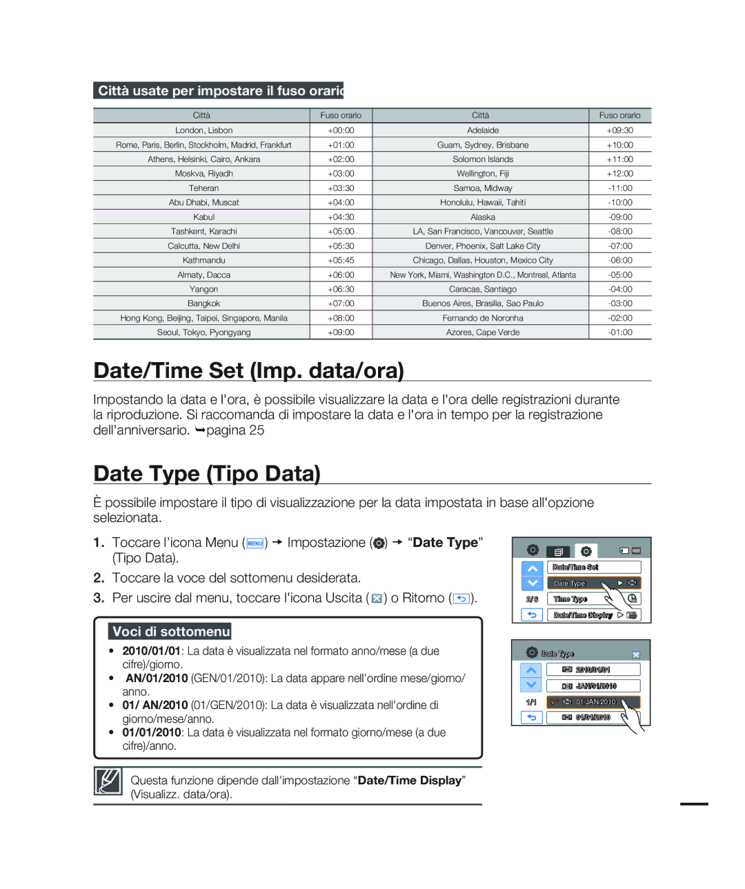 Samsung HMX-H200BP/EDC manual Date/Time Set Imp. data/ora, Date Type Tipo Data, Città usate per impostare il fuso orario 