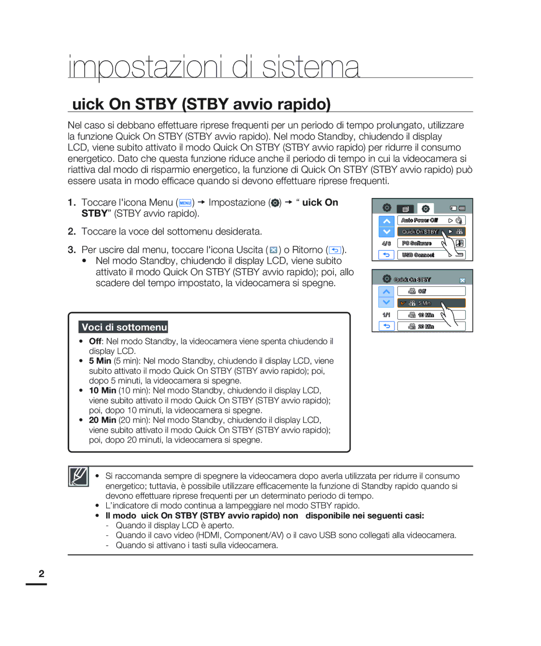 Samsung HMX-H204BP/EDC, HMX-H200BP/EDC, HMX-H203BP/EDC, HMX-H200RP/EDC, HMX-H200LP/EDC manual Quick On Stby Stby avvio rapido 