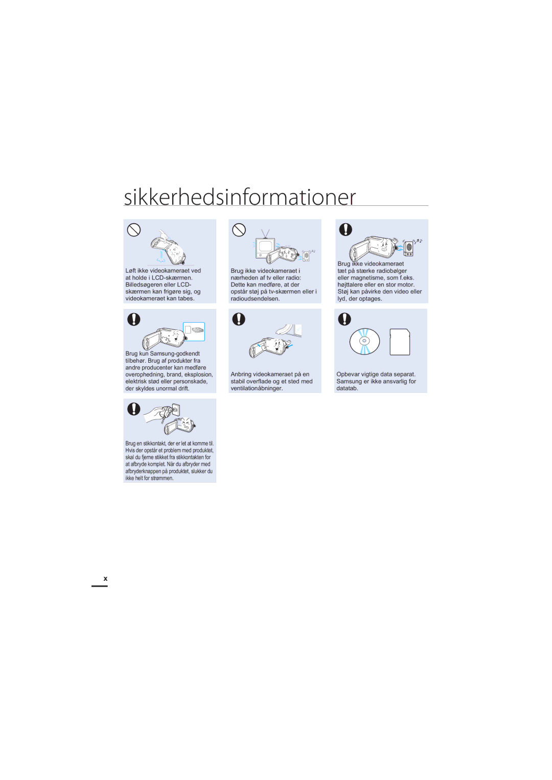 Samsung HMX-H203BP/EDC, HMX-H204BP/EDC, HMX-H200BP/EDC, HMX-H205BP/EDC manual Sikkerhedsinformationer 