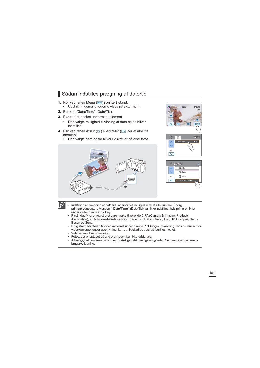 Samsung HMX-H200BP/EDC, HMX-H204BP/EDC, HMX-H203BP/EDC, HMX-H205BP/EDC manual Sådan indstilles prægning af dato/tid, 101 