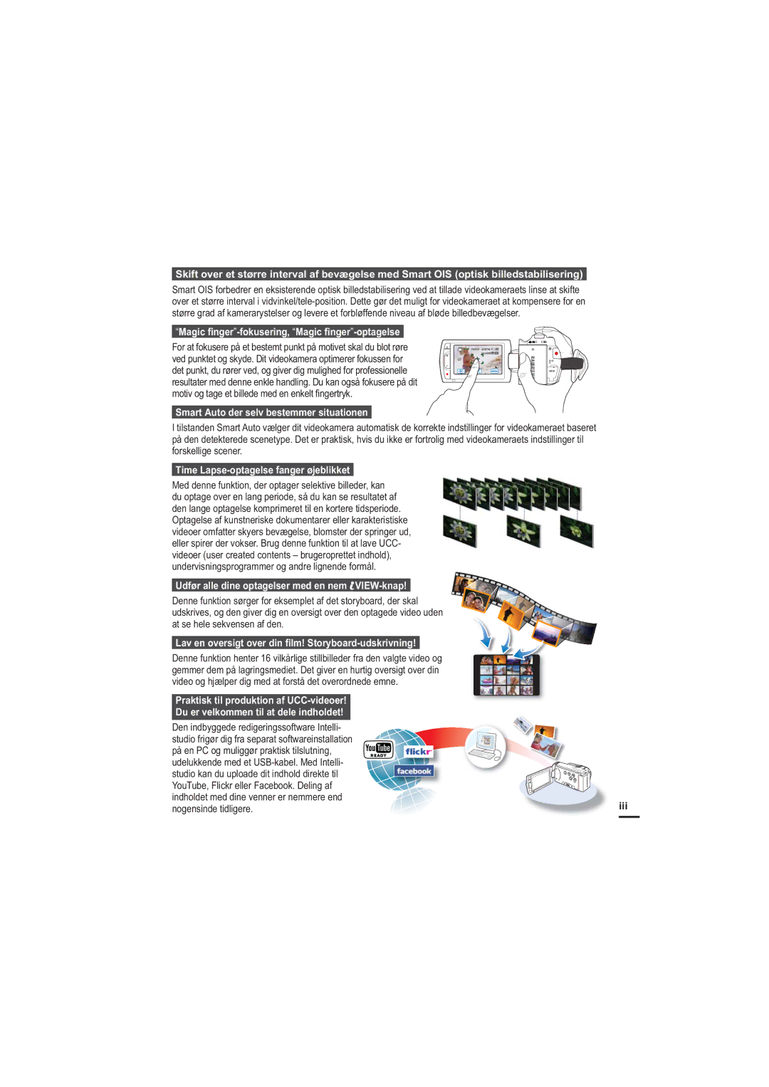 Samsung HMX-H205BP/EDC manual Magic ﬁnger-fokusering, Magic ﬁnger-optagelse, Smart Auto der selv bestemmer situationen 