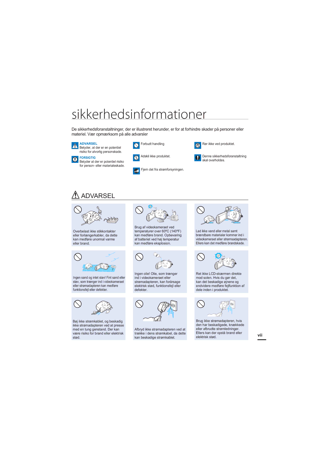 Samsung HMX-H205BP/EDC, HMX-H204BP/EDC, HMX-H200BP/EDC, HMX-H203BP/EDC manual Sikkerhedsinformationer, Vii 