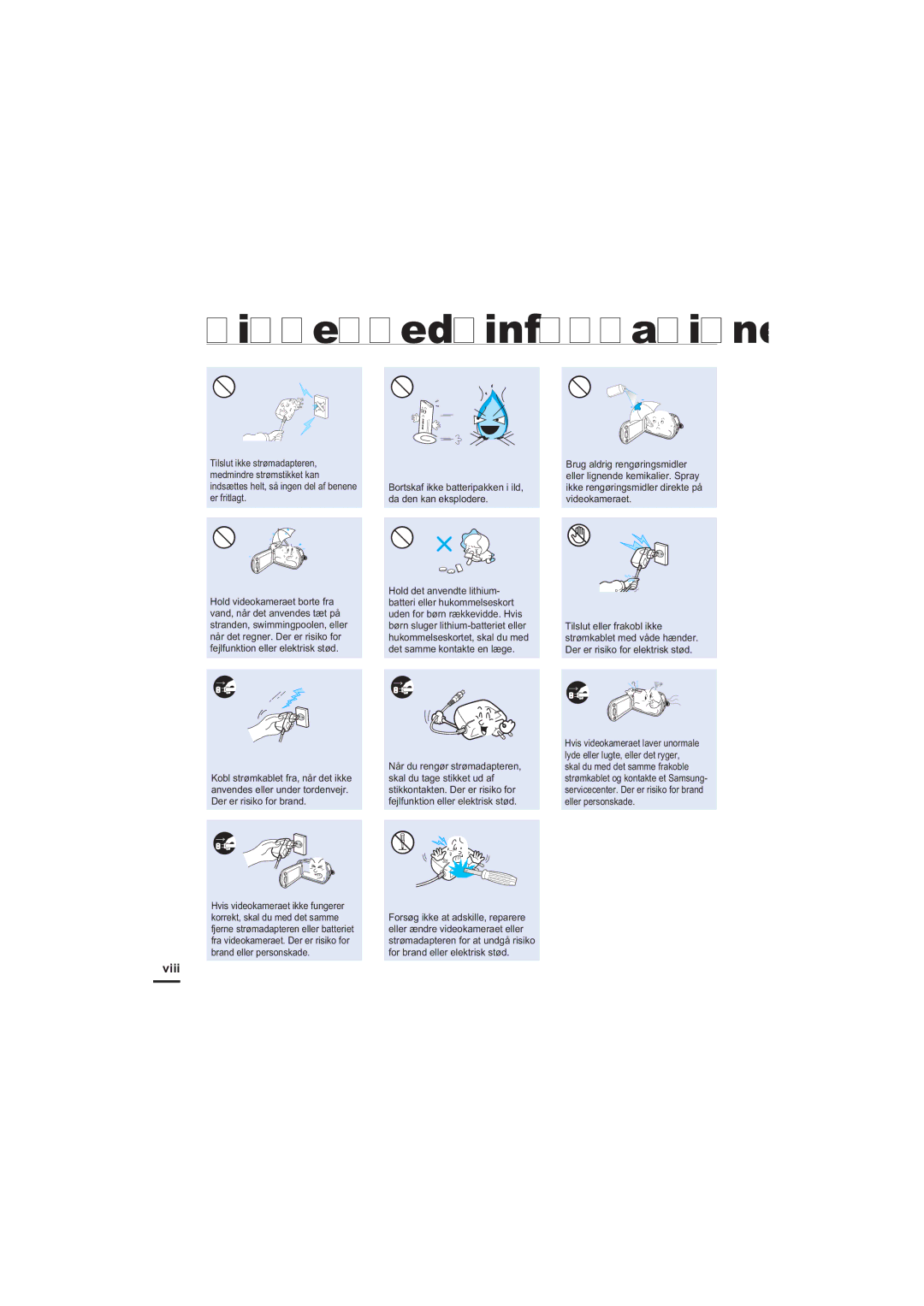 Samsung HMX-H204BP/EDC, HMX-H200BP/EDC, HMX-H203BP/EDC manual Viii, Bortskaf ikke batteripakken i ild, da den kan eksplodere 