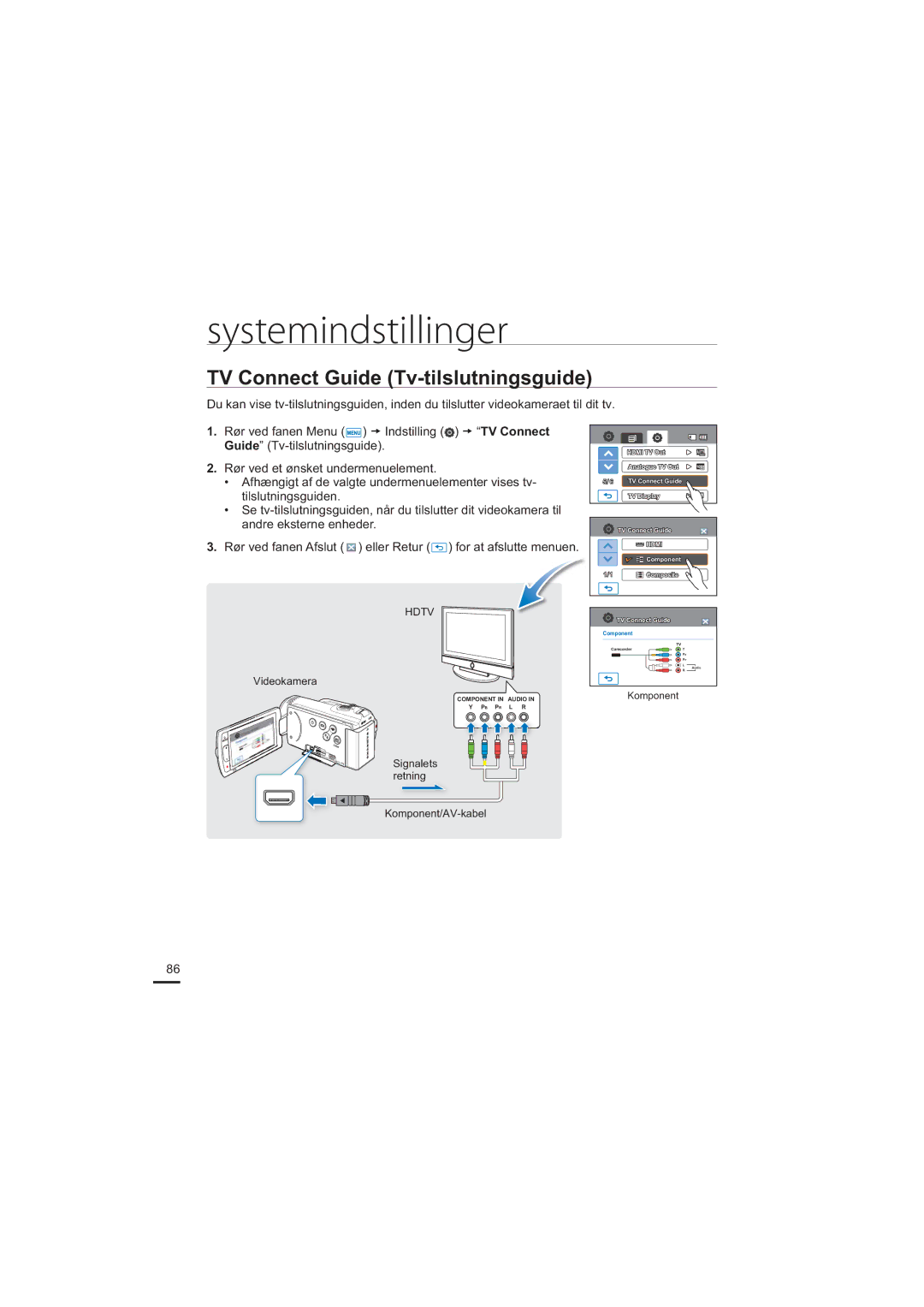 Samsung HMX-H203BP/EDC, HMX-H204BP/EDC, HMX-H200BP/EDC, HMX-H205BP/EDC manual TV Connect Guide Tv-tilslutningsguide, Komponent 